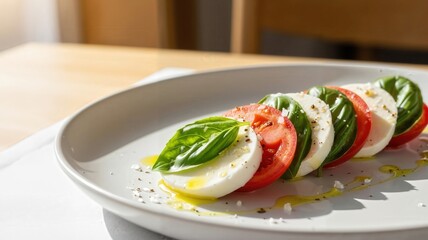Italian caprese salad with sliced tomatoes, mozzarella, basil, olive oil on white plate. Food serving, restaurent menu. Traditional cuisine, healthy ingredients