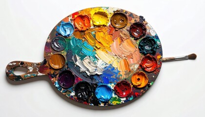 Circular artist's palette, loaded with vibrant paint