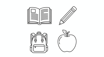 School supplies Book with pencil, backpack, and apple.