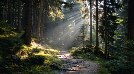 Fototapeta premium Sunlit path through a dense forest with rays of light filtering through the trees