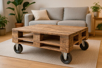 Rustic Wooden Pallet Coffee Table on Caster Wheels