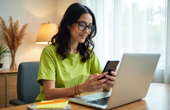 Woman works on laptop and phone in cozy room. She smiles, looking at mobile device. Bright indoor workspace with comfortable seating and natural light.