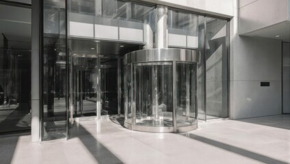 Modern Revolving Glass Door Entrance of a Contemporary Office Building.