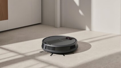 Modern Robotic Vacuum Cleaner on a Light Colored Floor with Sunlight Shadows.