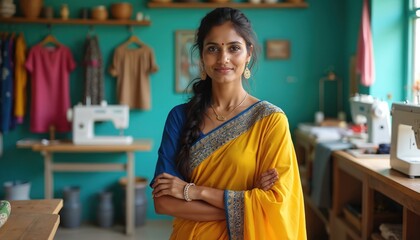 Smiling Indian woman tailor in yellow saree poses with crossed arms in her sewing shop. Background shows machines, clothes on racks, vibrant walls. Small business owner, artisan, dressmaker at work.