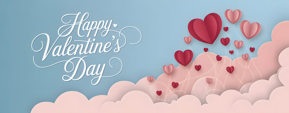 Valentine's Day greeting: A romantic Valentine's Day greeting, featuring stylized hearts and clouds against a soft blue backdrop, evoking feelings of love, affection, and celebration.