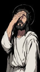 Comic book style illustration of Jesus Christ touching forehead with hand in disappointment, facepalm,  on black background for meme and humor concept