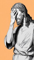 Vintage engraving sketch of religious figure covering eyes with facepalm on orange background representing shame and social disbelief