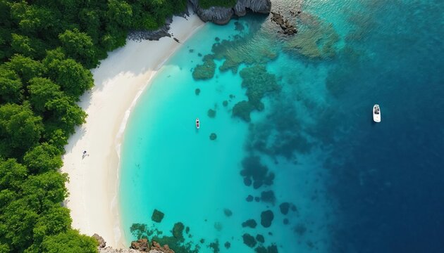Aerial view of tropical island beach with white sand, rich green trees. Clear turquoise ocean lagoon vivid coral reefs, small paddle boat. Larger motorboat sails on deep blue sea, calm water. Single