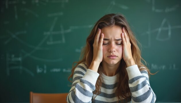 Stressed female student feels headache and academic pressure in classroom. Overwhelmed teenage girl holds head, tired from studying for exams. Young woman suffers from school burnout, anxiety.