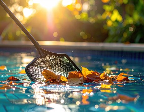 Autumn leaves caught in a pool skimmer net. Sunlight filters through the foliage
