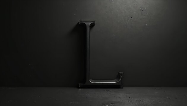 Letter L stands against dark grey background. 3d rendering of L alphabet on black wall with copy space. Monochromatic concept suits minimalist design. Great for initial brand name or logo.