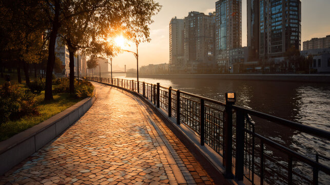 Sunset view of riverside walkway with urban buildings in background