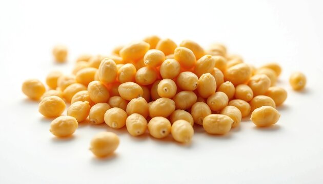 Pile of dry peas lies on white. Heap of legumes isolated. Uncooked yellow peas close up. Ingredient for healthy food. Vegan diet concept. Macro view of raw grain.