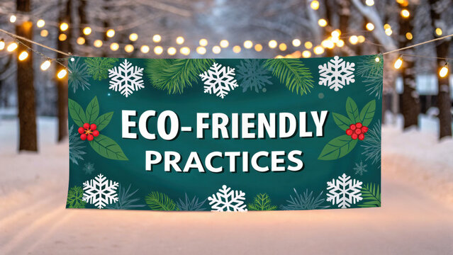 Christmas green energy eco friendly practices banner with snowflake and leaf decoration hanging outdoors in winter evening with festive lights