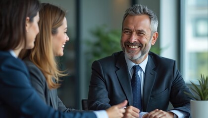 Lawyer speaks with two businesswomen in suit at office. Confident man consults with partners, makes deal at legal meeting. Brainstorming together on startup. Business, negotiation, advice, teamwork.