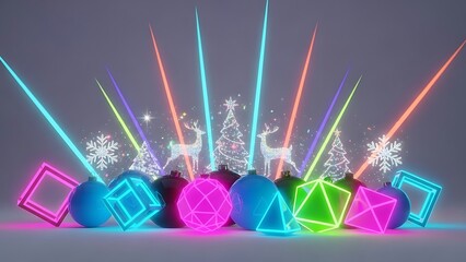 Colorful neon geometric shapes and dice with snowflake decorations