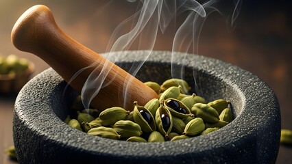 Cardamom pods with wooden mortar steaming aromatic spice close up