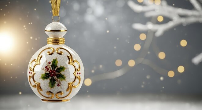 Christmas tree ornament in shape of perfume bottle as ceramic or porcelain figurine. Glossy glaze, subtle cracks, hand-painted details. Fragrance and beauty industry banner for holiday season