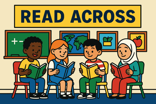 Diverse group of children reading books together in a classroom setting