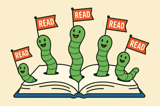 Happy cartoon bookworms emerging from an open book with read flags