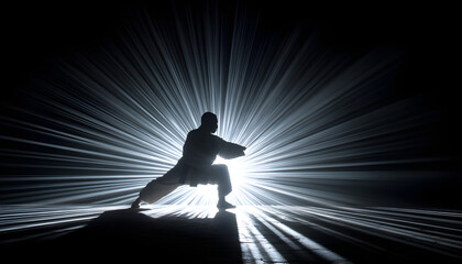 A dark figure of a martial arts master practices his skills, performing various stances in front of a powerful white light, creating radial rays of illumination.