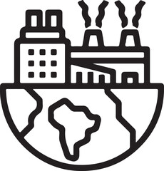 Industrial factory silhouette emitting smoke on a half globe representing earth isolated on transparent background