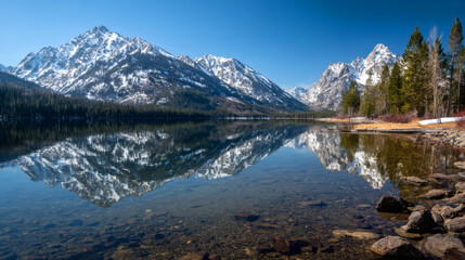 Obraz premium Picturesque mountain range with clear water reflection under blue sky