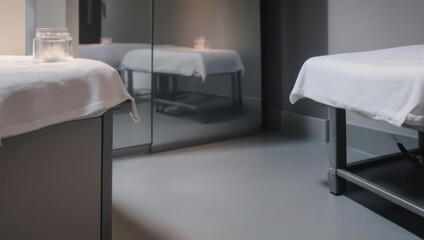 Modern Spa Room with Massage Beds and Mirrors.