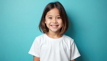 Cute little girl portrait on cyan studio backdrop. Child smiles wearing blank white tee shirt. Happy young female model posing at blue background. Preschool kid looks at camera.