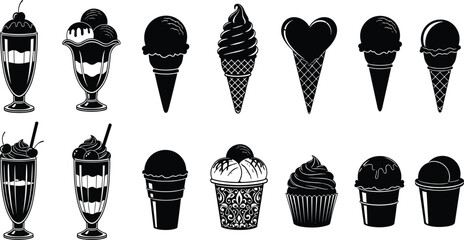 Varied Collection of Black Silhouette Ice Cream Icons and Frozen Desserts, Including Sundaes, Cones, and Milkshakes, Symbolizing Sweet Summer Refreshments and Delicious Treats.