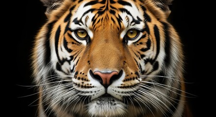 Fototapeta premium Close-up view of a tiger's face with striking yellow eyes and bold black stripes on orange fur. The majestic big cat stares directly forward. Perfect for wildlife projects.