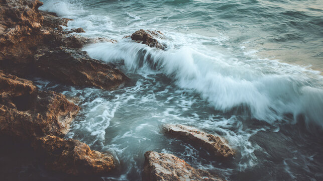 Waves crashing against rocky shoreline creating white foam and splashes