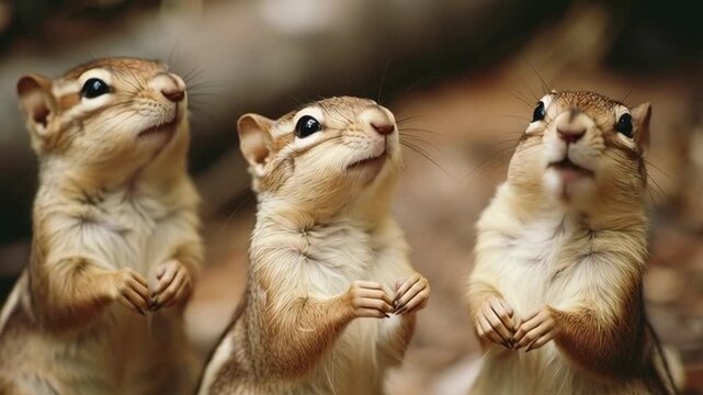 Cute chipmunk pair interacting with one chipmunk opening its mouth in an expressive gesture, communicating in nature.