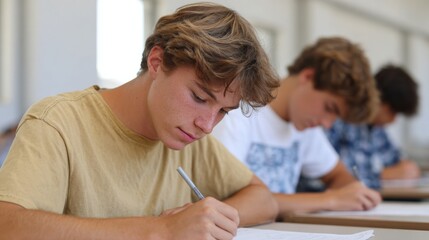 Young male student taking test at school.