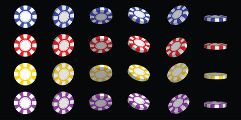3d casino poker chips. Blue, red, gold, purple and white chips for betting and gambling games. vector illustration on isolated background. 