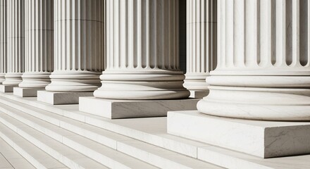 White marble columns with stone bases line up on steps, showing classical style. Perfect for law, government, justice, education, and official building concepts. Timeless design detail.