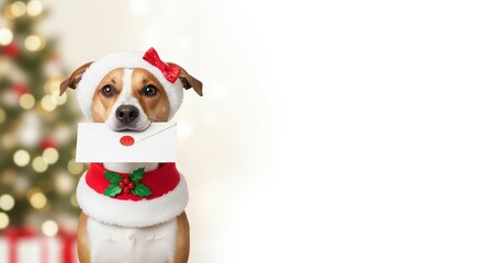 Cute dog in christmassy headband and collar holding envelope, letter or greeting card in the mouth, white background with Christmas tree and copy space. Vet clinic, grooming salon, dog food