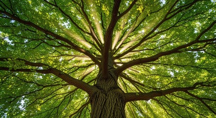 A large tree viewed from below with spreading branches and green leaves forming a natural canopy. Sunlight filters through the foliage creating a peaceful scene. Perfect for nature themes.
