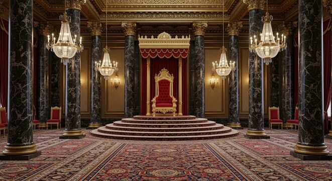 Luxurious throne room with golden decorations and red velvet throne on steps. Grand hall features marble columns, crystal chandeliers, and rich carpets. Perfect for royal themes.