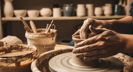 Hands shaping clay on a pottery wheel in a warm studio filled with ceramic pieces. Perfect for craft themes, handmade art projects, and creative workshop content.