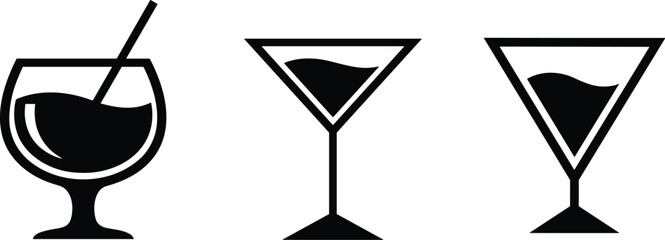 Minimalist Cocktail Glass Icons Featuring Martini and Rounded Styles with Liquid, Straw, Garnish Elements in Black and White Design