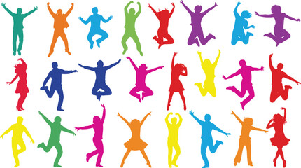 Vibrant silhouette collection of happy jumping people in various active poses, symbolizing freedom, joy, celebration, youthful energy, success, party, excitement, and diverse group activity