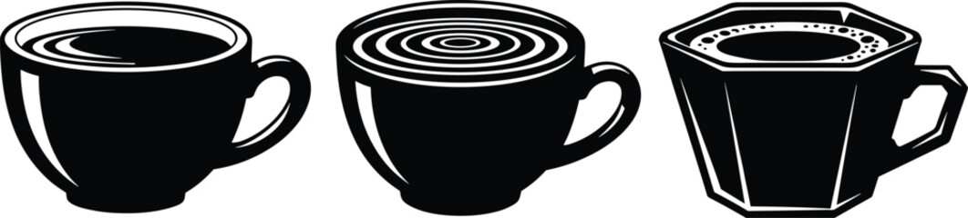 Stylized Coffee Cup Illustrations Featuring Liquid Textures, Ripple Effects, and Polygonal Design for Artistic, Branding, and Minimalist Visual Applications