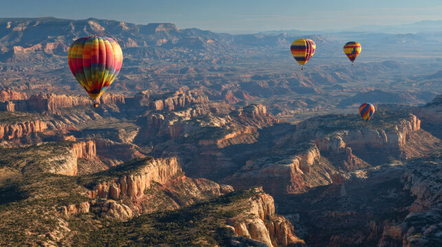Colorful hot air balloons flying over a scenic canyon landscape