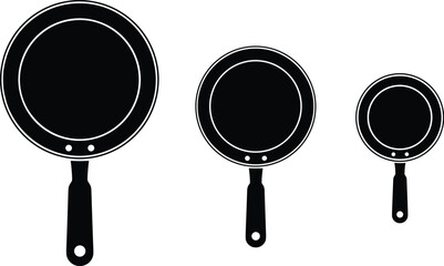 Stylized Frying Pan Silhouettes in Three Sizes with Handles and Rivets in Minimalist Black and White Kitchenware Icon Design