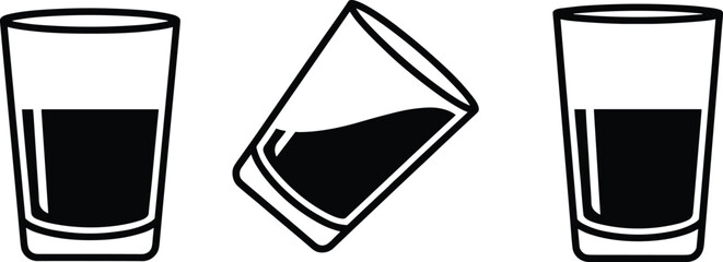 Stylized Drinking Glasses Showing Liquid Behavior in Tilted and Upright Positions with Gravity-Aligned Surface in Minimalist Black and White Design