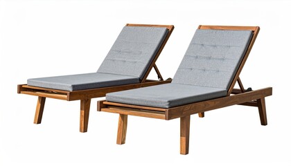 Pair of light brown wooden sun loungers with gray cushions