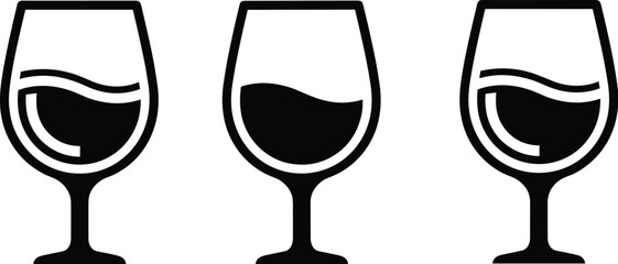 Stylized Wine Glass Silhouettes with Liquid Variations, Highlighted Reflections, and Wave Contours in Minimalist Black and White Graphic Design