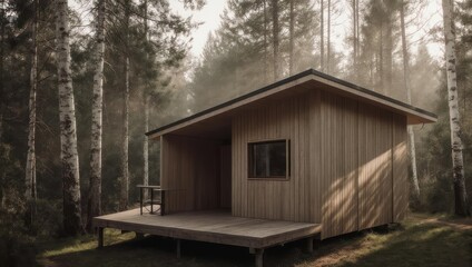 Modern Wooden Cabin in a Misty Forest Setting.